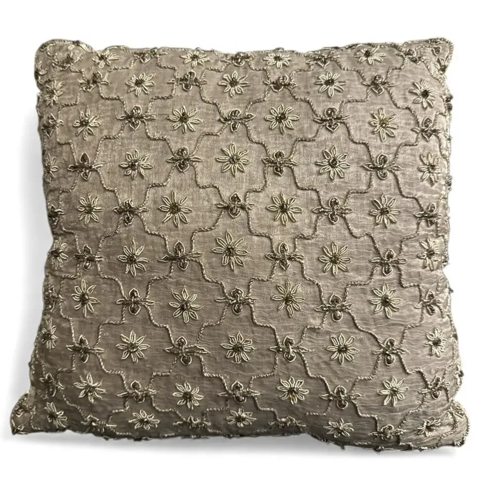 Pottery Barn Throw Pillow Beaded Metallic Silk Gold Embroidered Boho 11 x 11